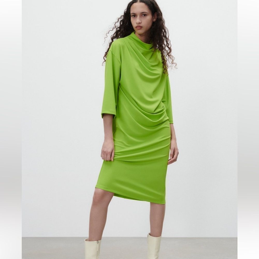 Zara green draped midi dress NWT